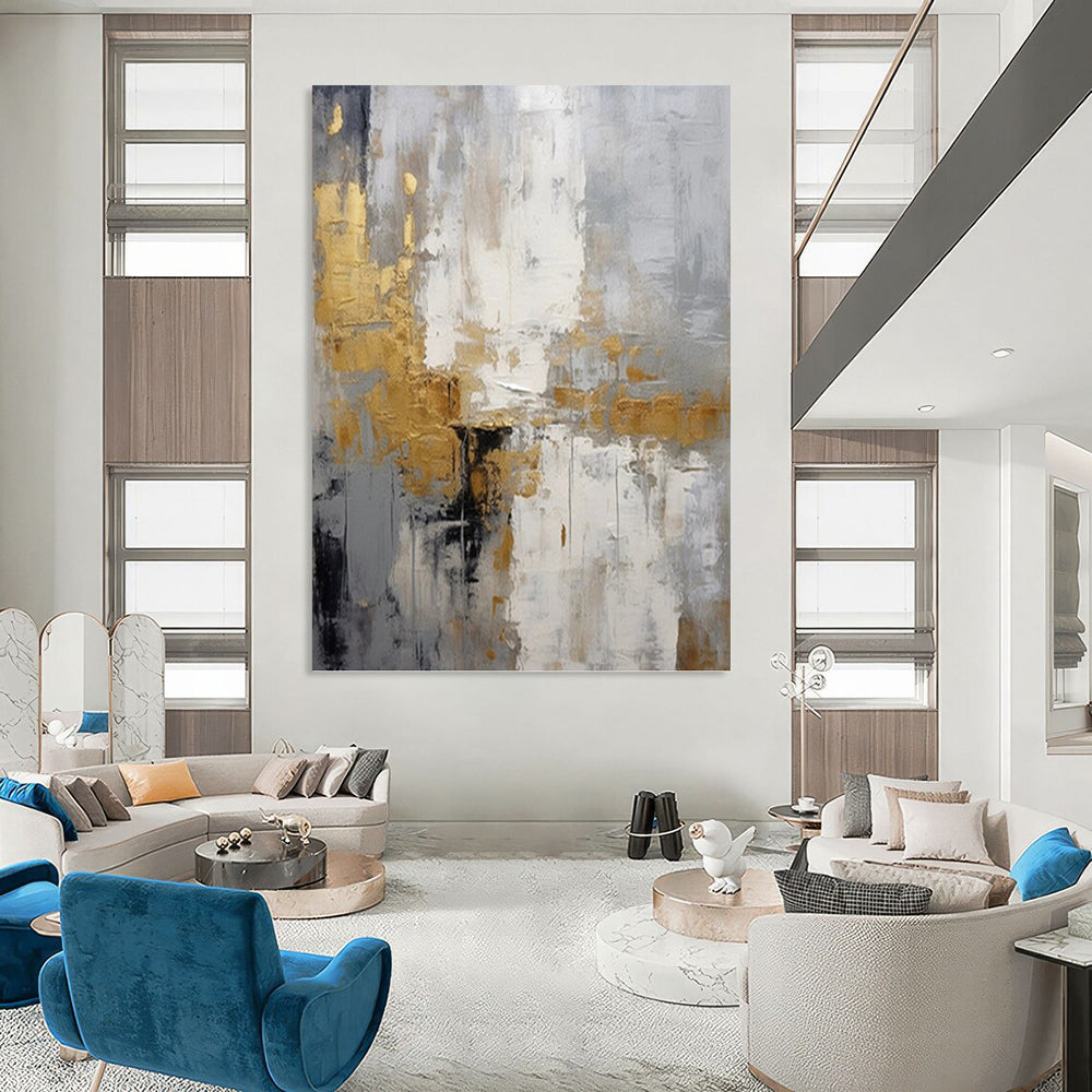 “Grey - Gold Abstract Elegance” - Neutral with Gold Accent Abstract Painting On Canvas PT1062