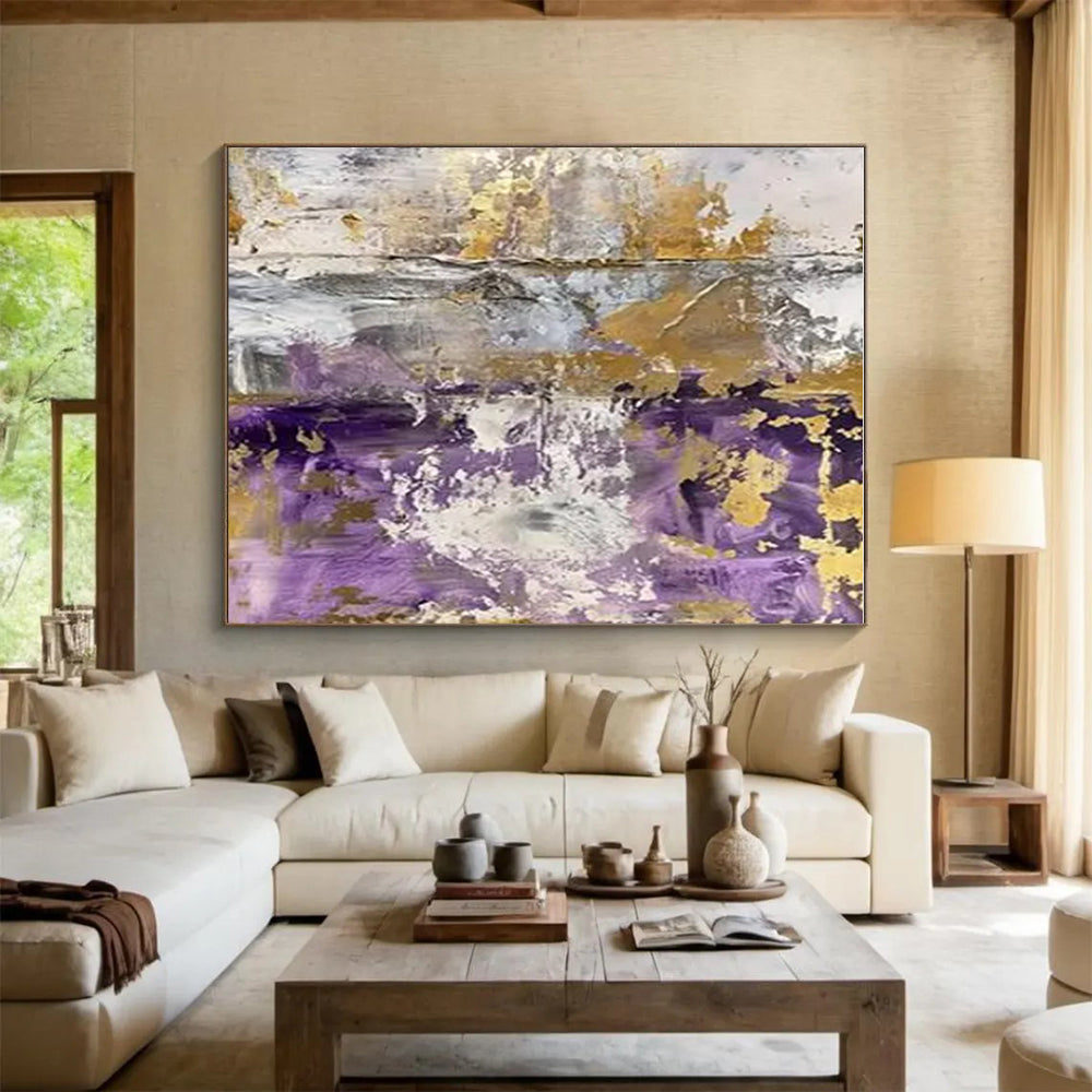 Purple, Gold & Gray Abstract Mosaic "Violet Rhapsody" Painting On Canvas PS0845