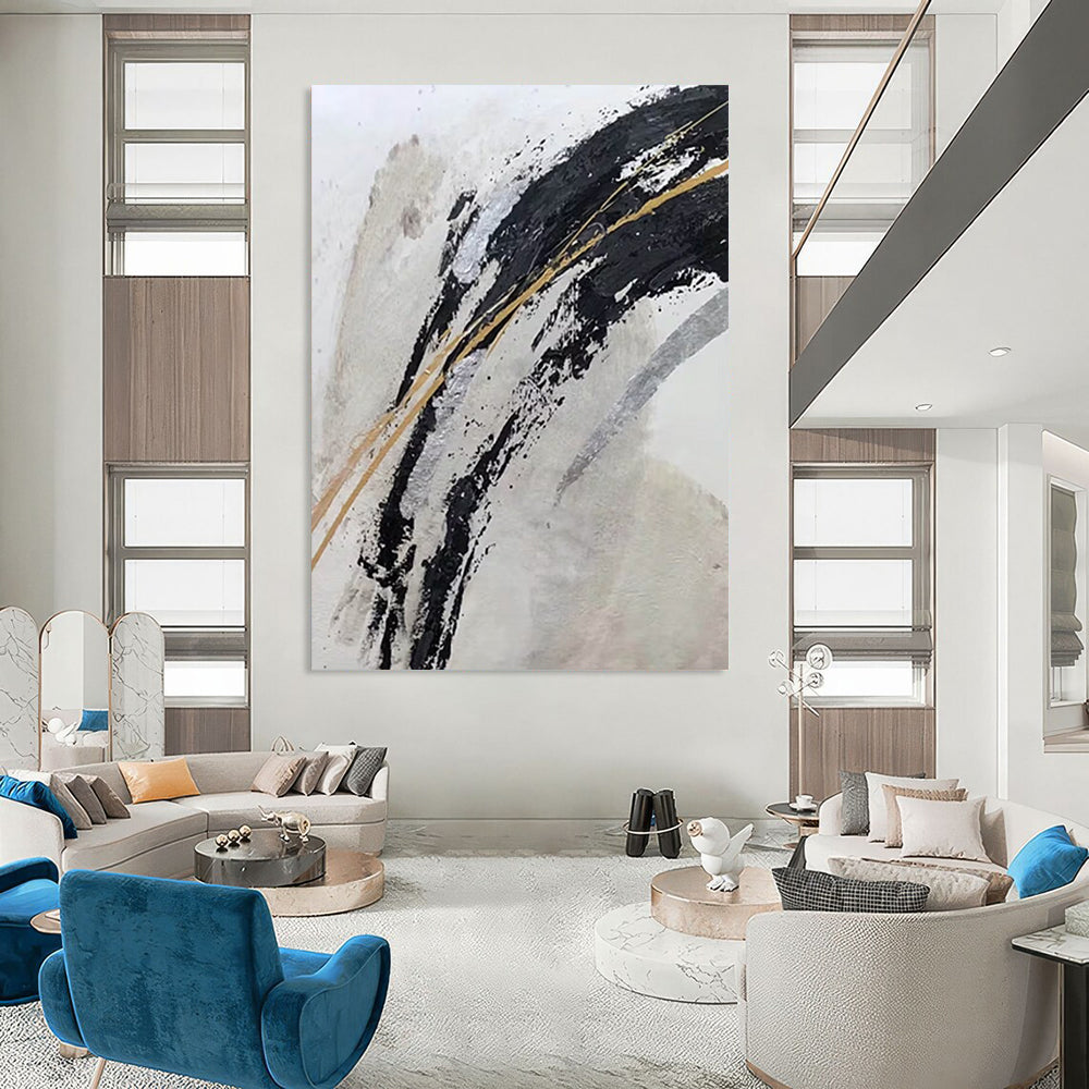 “Black, Gold & Silver Abstract” - Dramatic Contrast with Metallic Shimmers Painting On Canvas DS249