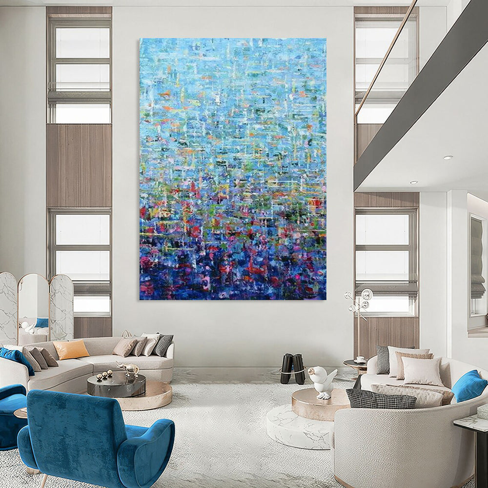 “Blue Abstract Grid” - Pointillist Abstract Painting On Canvas PT2349