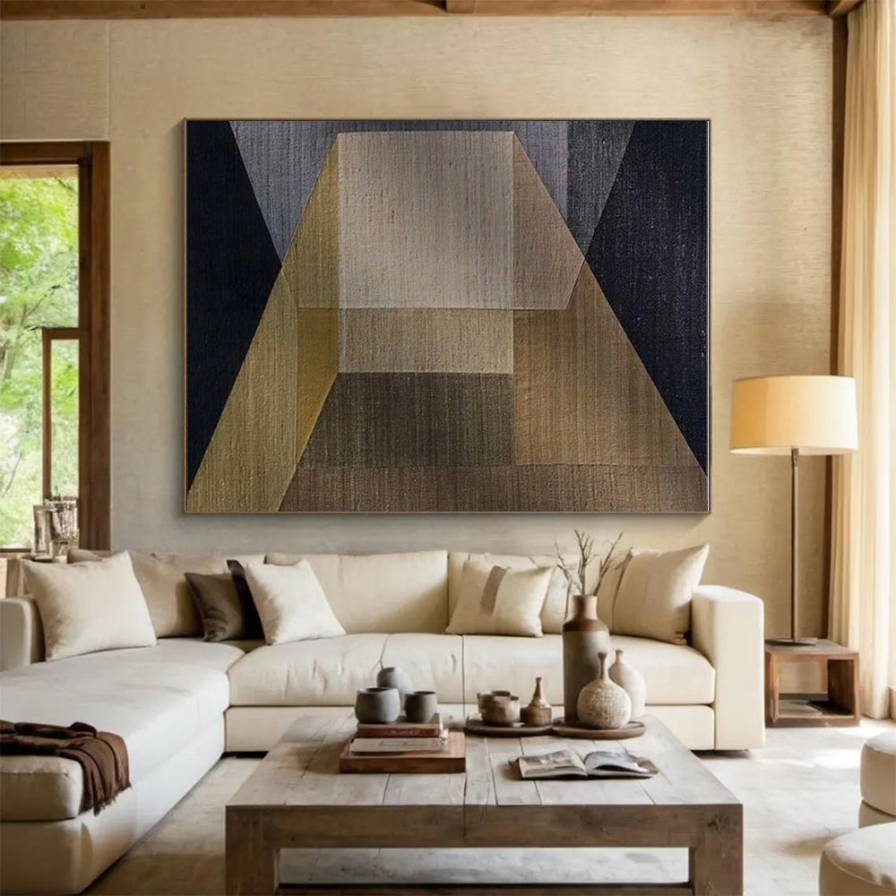“Earthy Geometric Fusion” - Brown, Gray, Gold Abstract Geometric Painting On Canvas PS0677