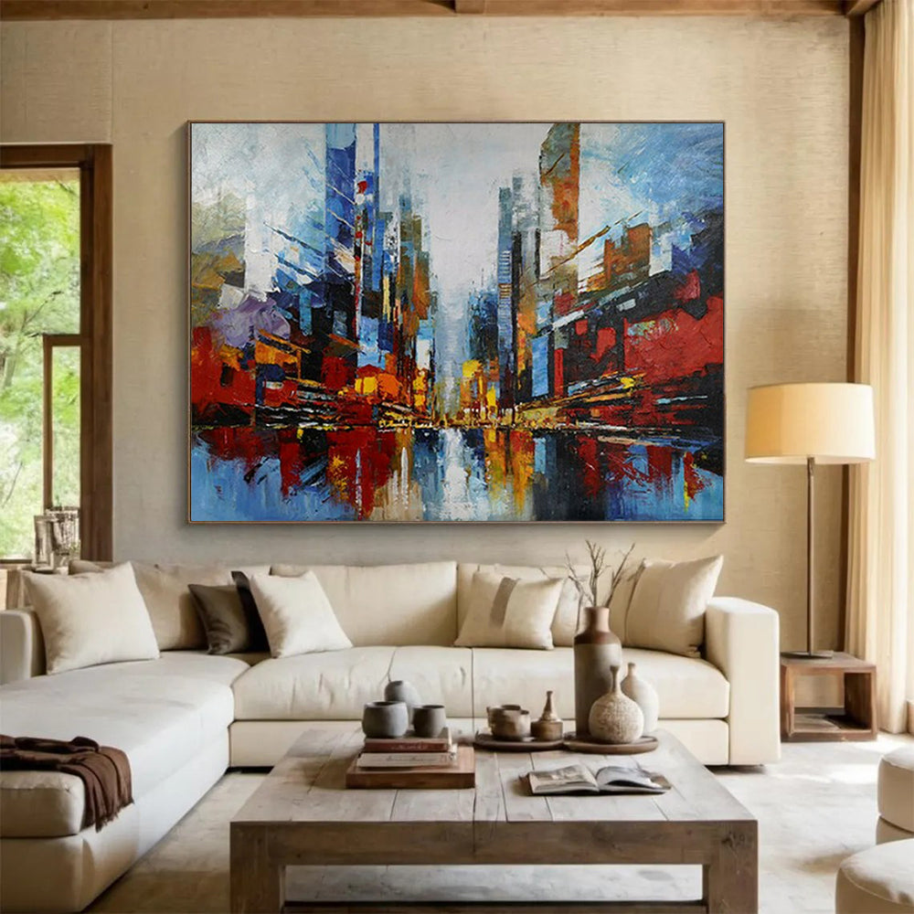 “Colorful Abstract Cityscape” - Vibrant Urban “Metro Blur” Painting On Canvas PT1673