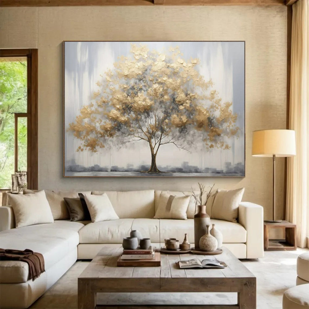 “Gold Tree on Gray” - Subtle Gold “Gilded Grove” Painting On Canvas PT1621