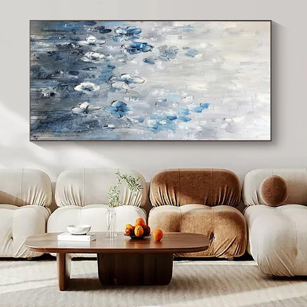 Blue and White Floral "Serene Blooms" Impasto Flower Painting On Canvas PS1086