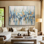 “Urban Rhythms” - Blue, Gray & Orange Abstract Cityscape, Textured City Oil Painting On Canvas DKS685