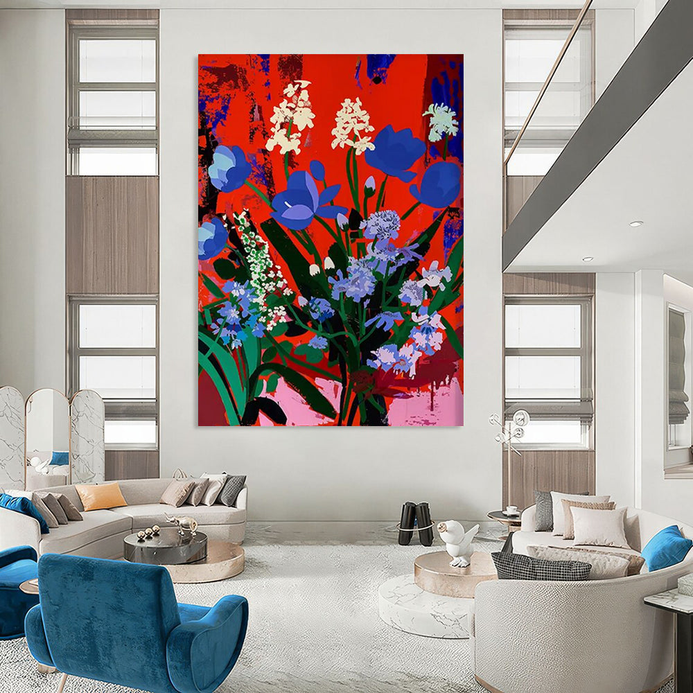 Vibrant Blooms: Blue Flowers on Red Painting On Canvas DS101