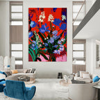 Vibrant Blooms: Blue Flowers on Red Painting On Canvas DS101