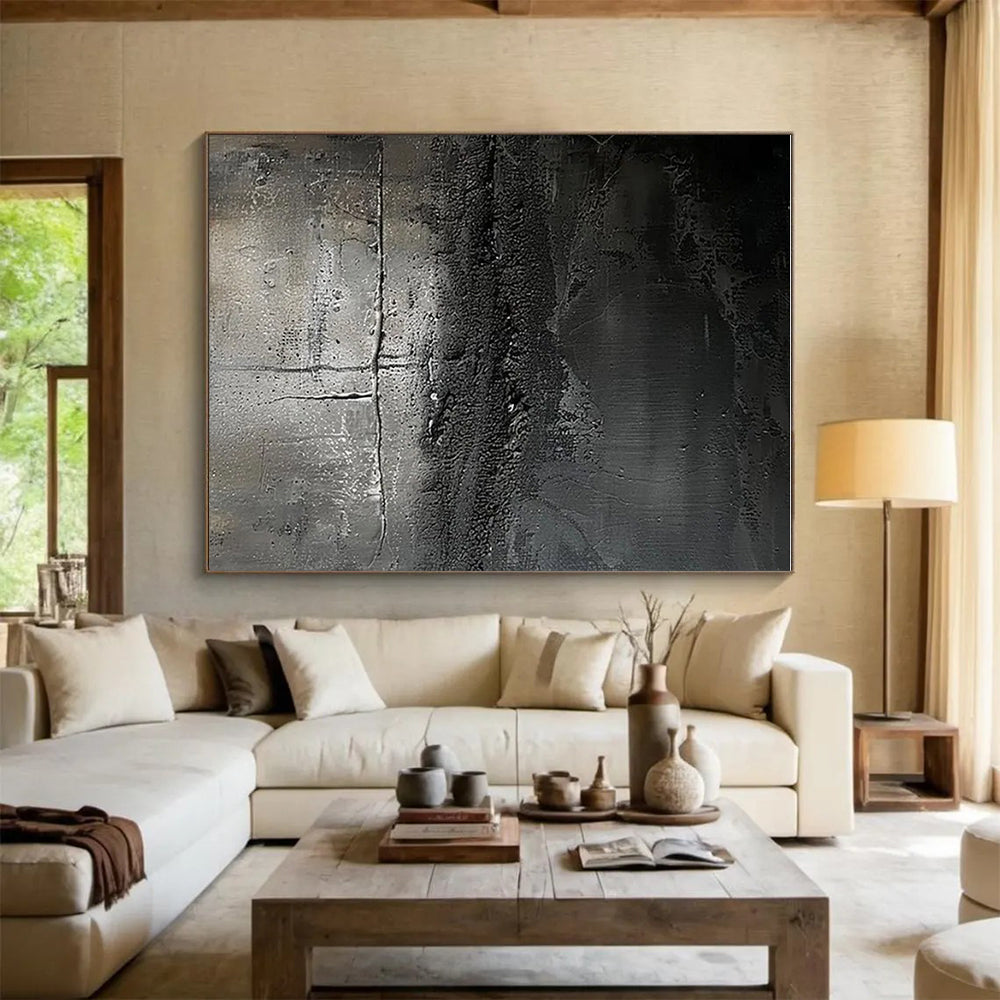 Black & Gray Textured Abstract "Midnight Ashes" Painting On Canvas PS0858