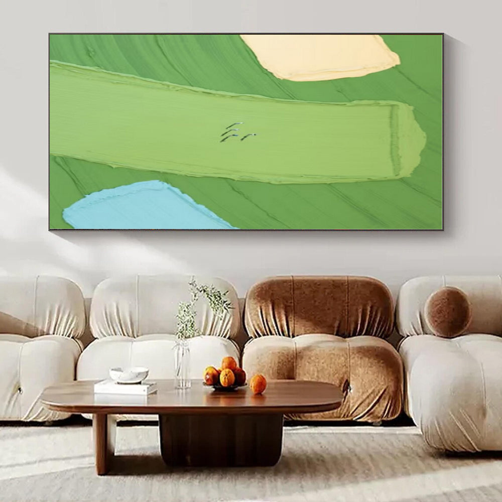 Green, Yellow, Blue with Small Figures "Colorful Fields" Abstract Painting On Canvas PS1354