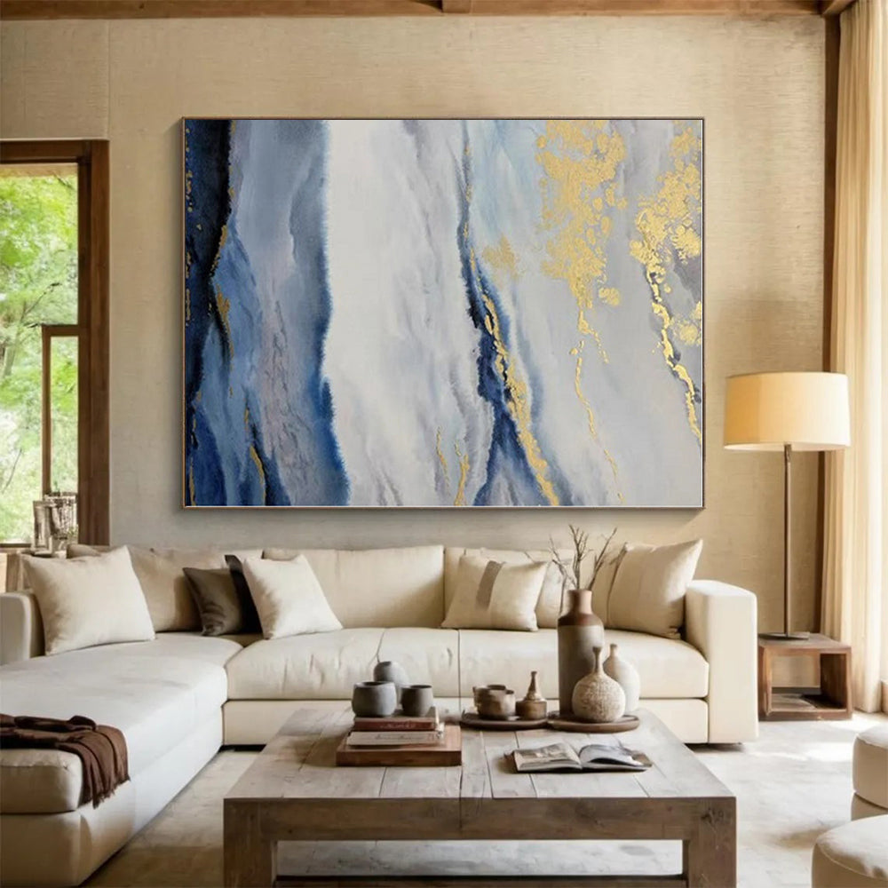 “Blue - White - Gold Cloudy Landscape” - Blue, White, Gold Abstract Landscape Painting On Canvas PS0584