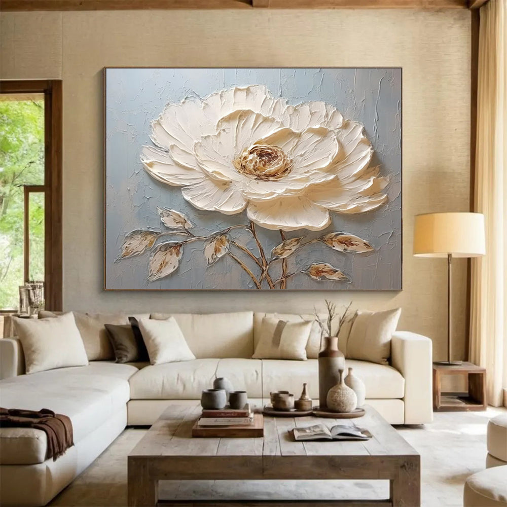 “Single White Peony Relief” - Mixed - Media Floral Painting On Canvas PT175