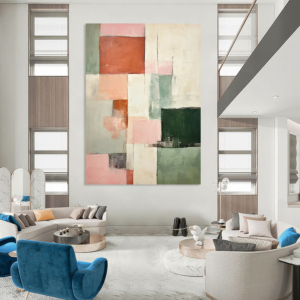 “Pink - Green Cubist Abstract” - Soft Cubist Abstract Painting On Canvas PT2299