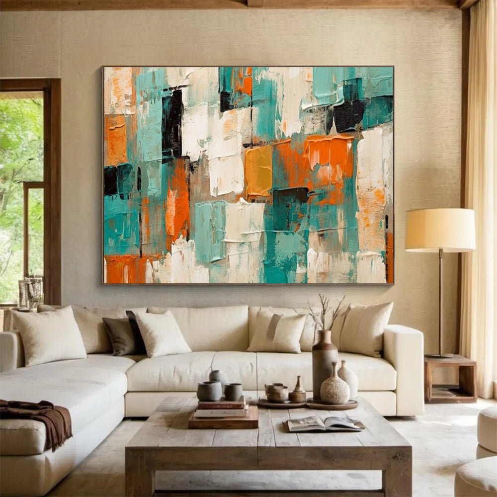 “Teal - Orange - White Abstract” - Abstract Color Block - Painting On Canvas PT1721