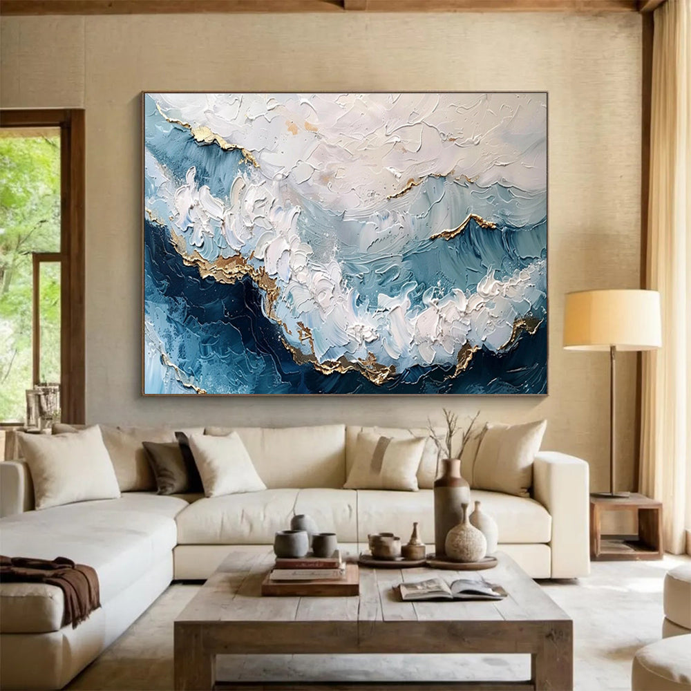 Textured Ocean Waves with Gold - Coastal Impasto Painting On Canvas DKS347