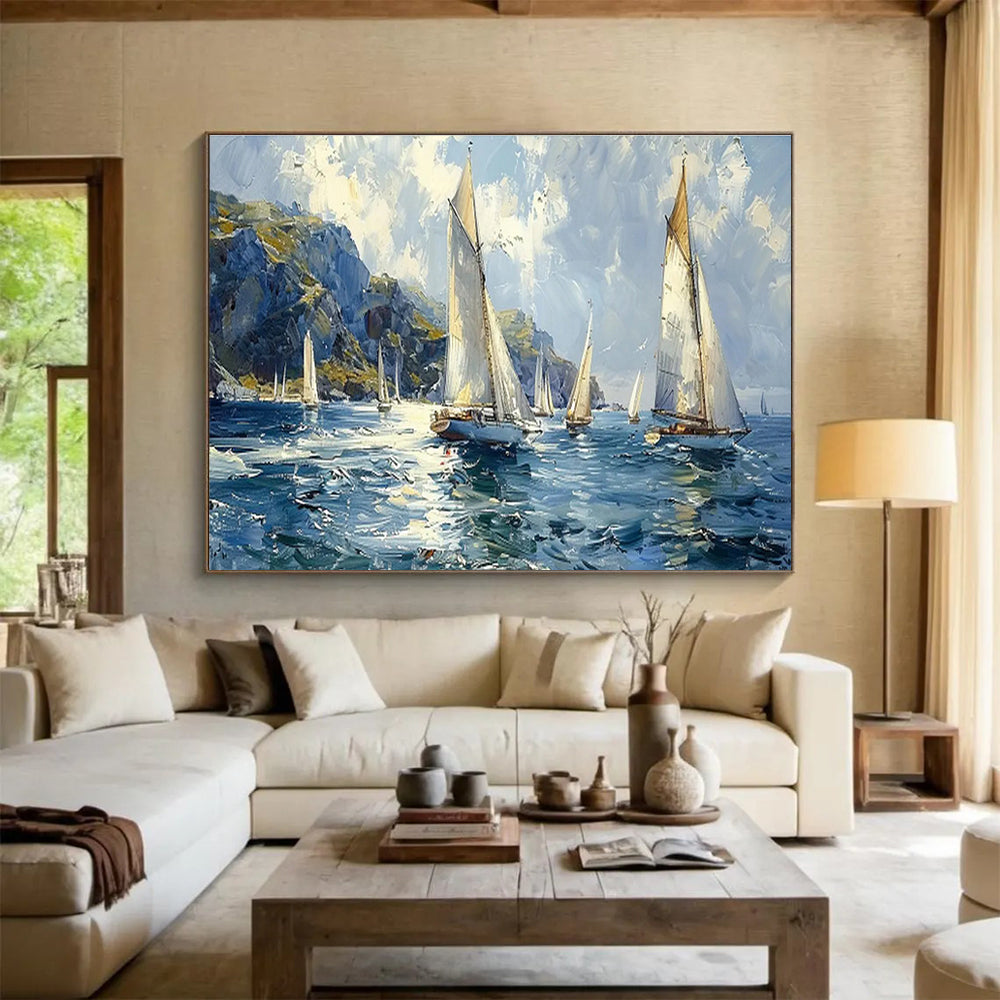 Sailing the Blue - Seaside Sailing Oil Painting, Ideal for Porch & Nautical - themed Room DKS669