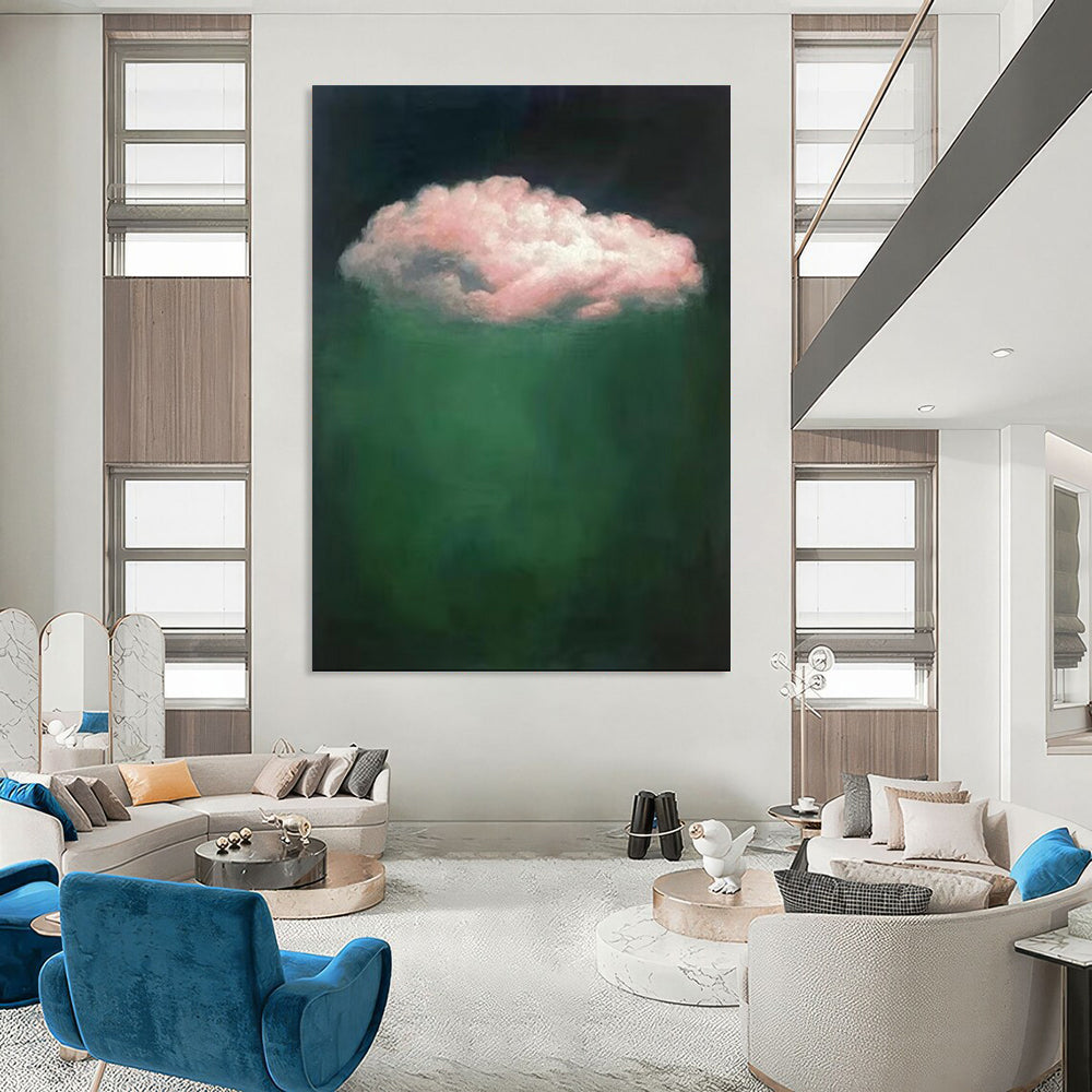 “Pink Cloud Over Green” - Surreal Cloud Painting On Canvas PT1984