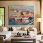 “Colorful Coastal Town with Boats” Impressionist Townscape Painting On Canvas PT1800