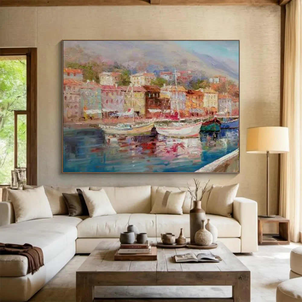“Colorful Coastal Town with Boats” Impressionist Townscape Painting On Canvas PT1800