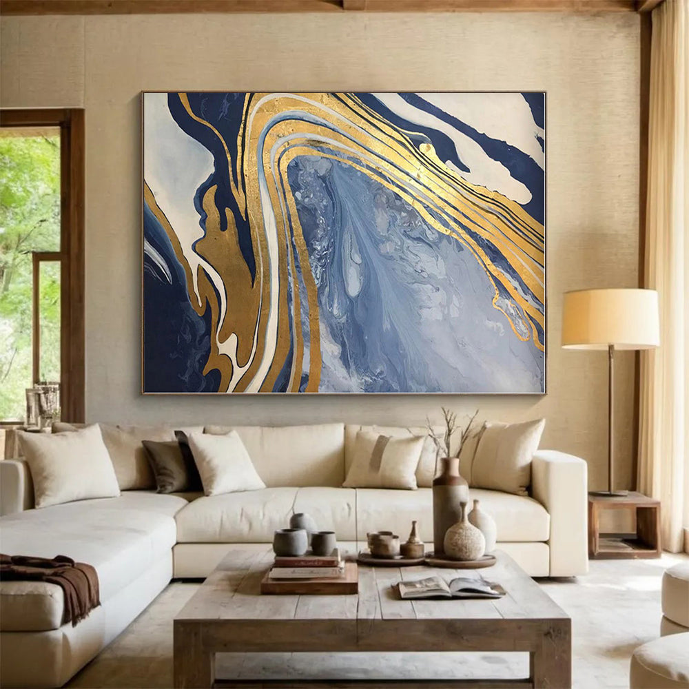 “Blue - Gold Marble Flow” - Blue, Gold, White Abstract Painting On Canvas PS0564