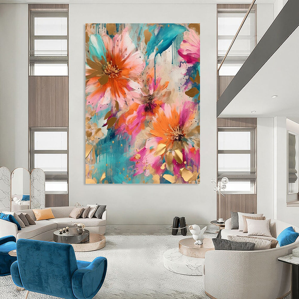 “Teal and Gold Floral” - Botanical, Luxe - Styled Painting On Canvas PT1598