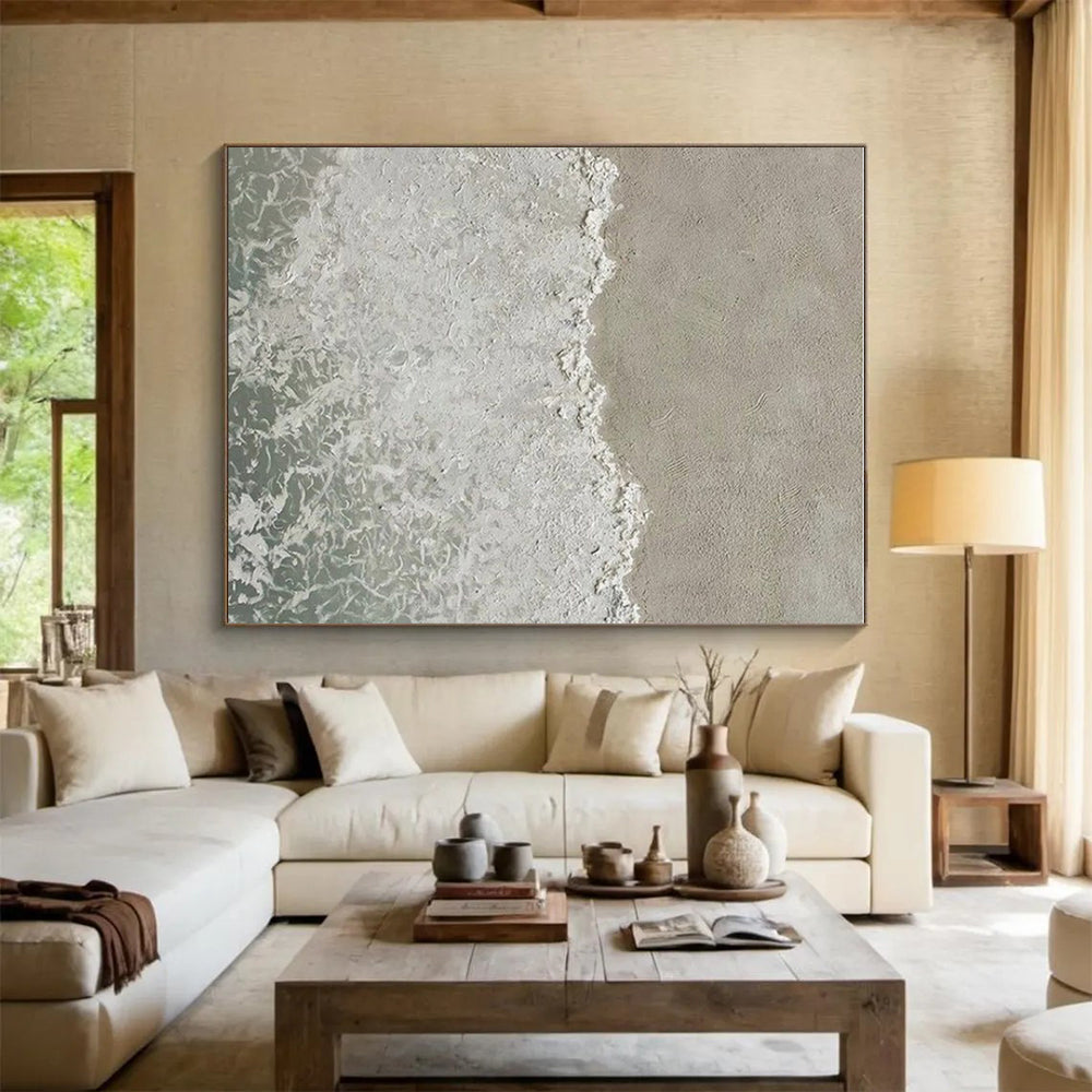 “Textured Beach Waves” - Beige, White, Blue Abstract Seascape Painting On Canvas PS0678