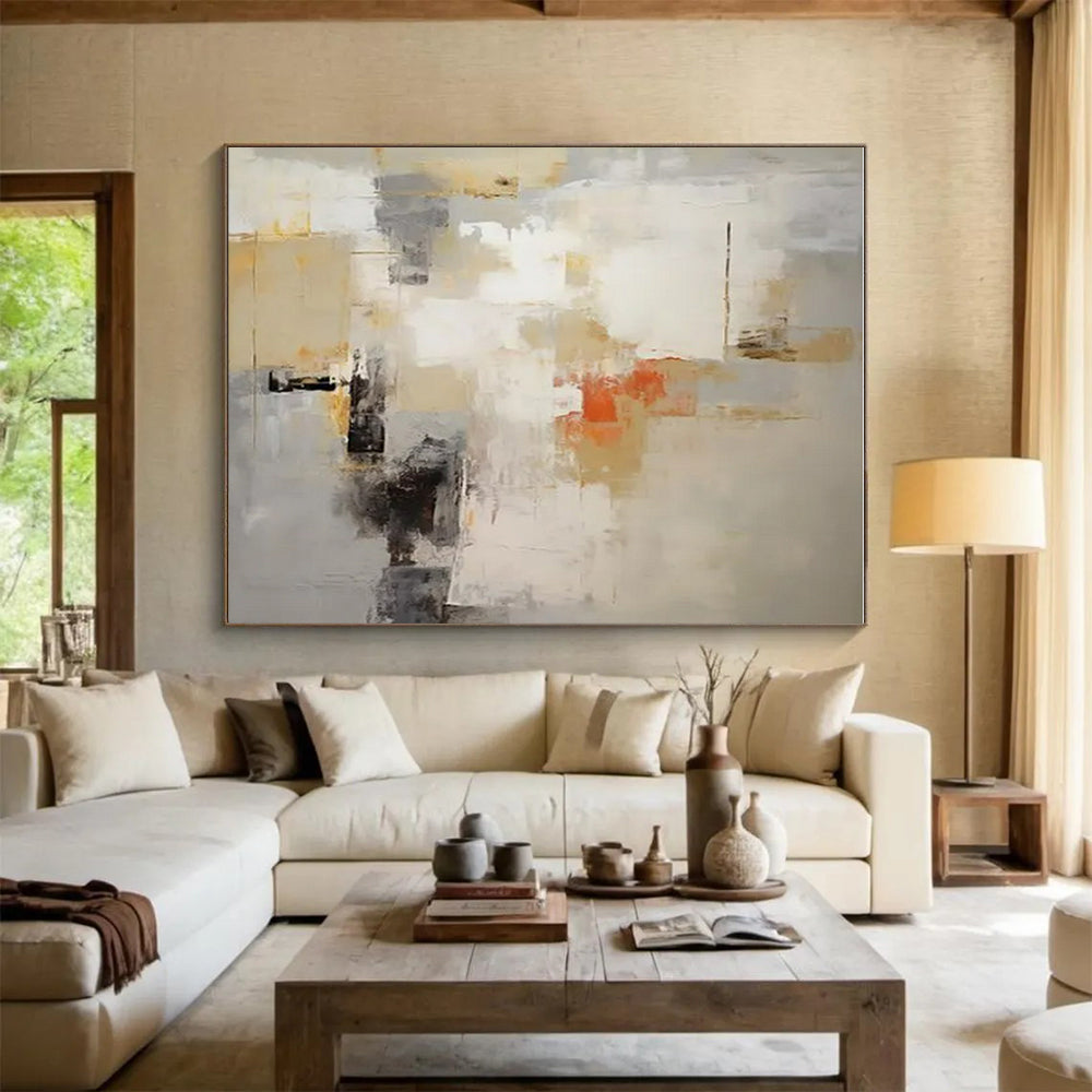 Beige, Gray, Orange & Black Abstract "Sunset Haze" Painting On Canvas PS0870