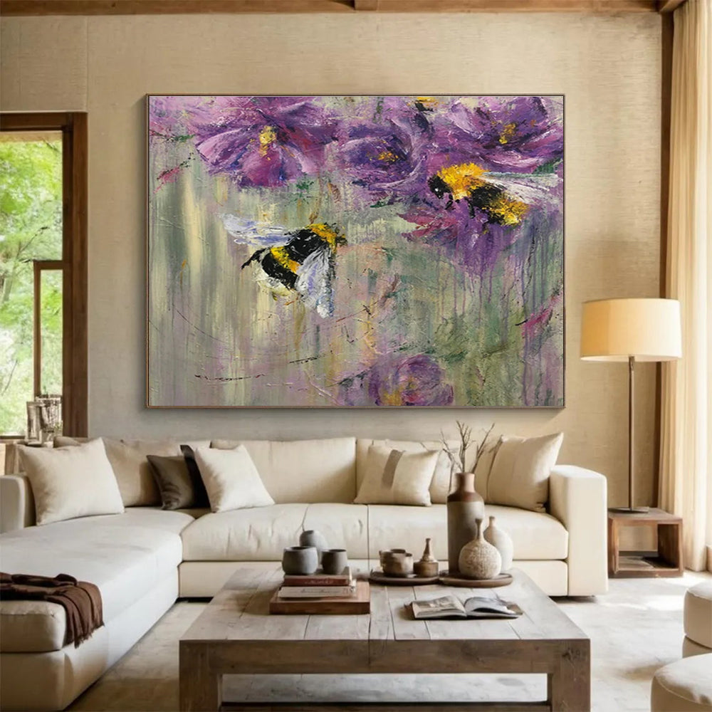 “Buzzing Bee & Flower Delight” - Purple Floral, Impressionistic Insect Painting On Canvas DKS718
