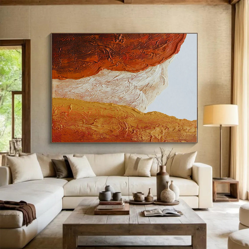 “Textured Mountain Peaks” - Orange, Red, Beige Abstract Landscape Painting On Canvas PS0648