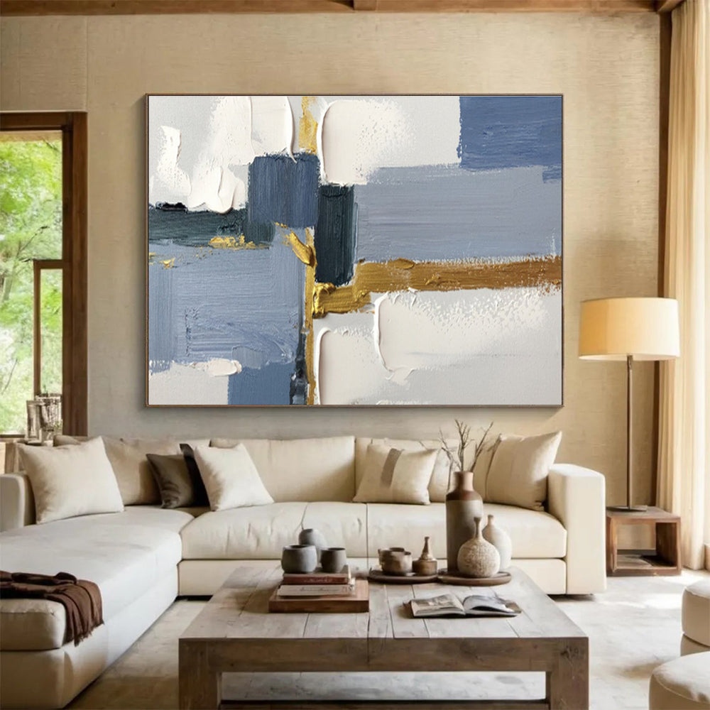 Blue - Gray Blocks with Gold Accents - Minimalist Abstract Painting On Canvas DKS311