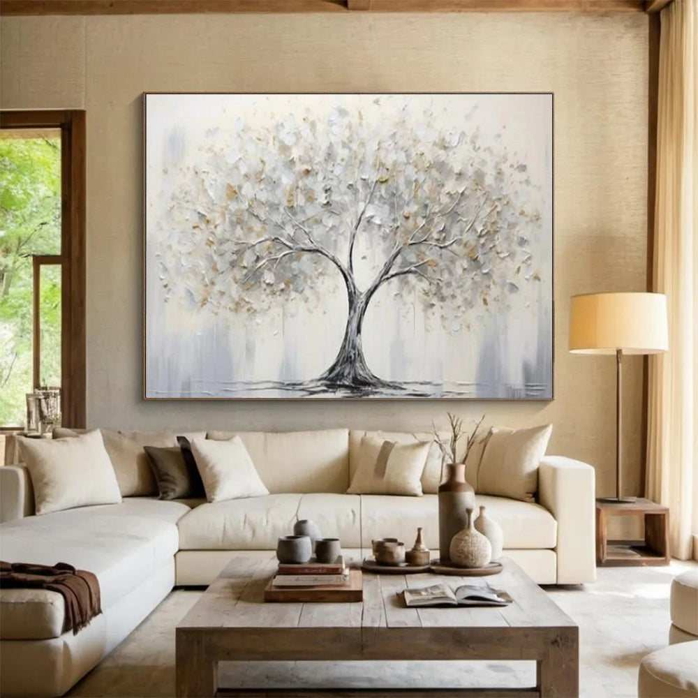 “Silver - Gold Tree” - Metallic Silver “Ethereal Tree” Painting On Canvas PT1619
