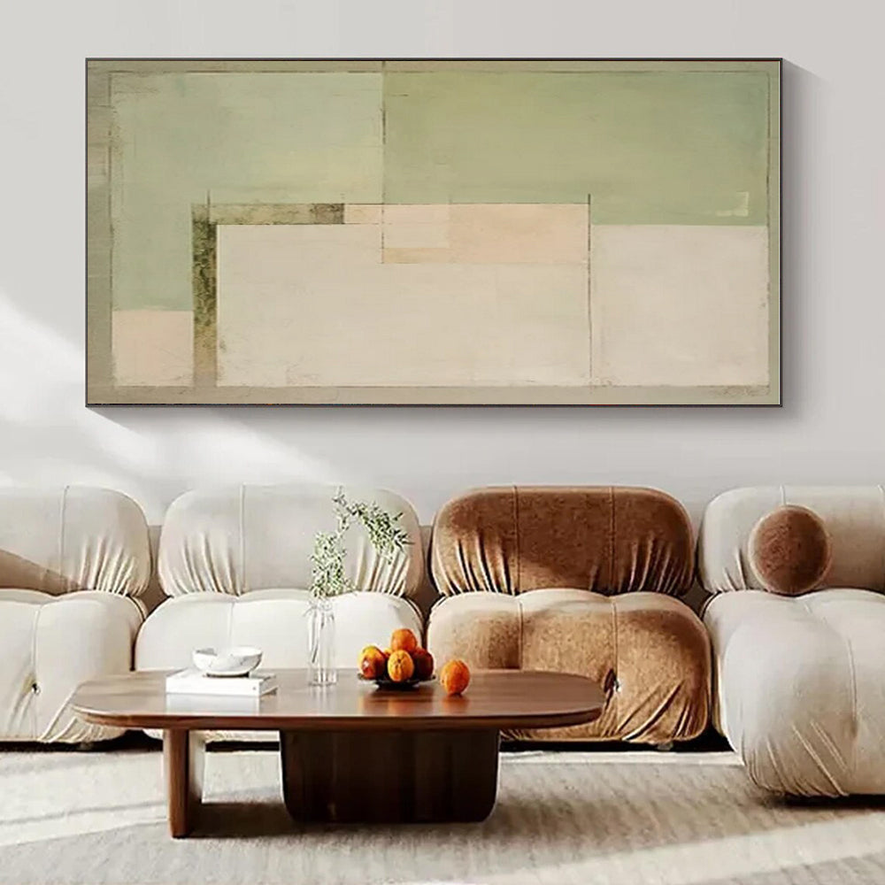 Green, Beige, White with Subtle Shapes "Quiet Geometry" Abstract Painting On Canvas PS1443