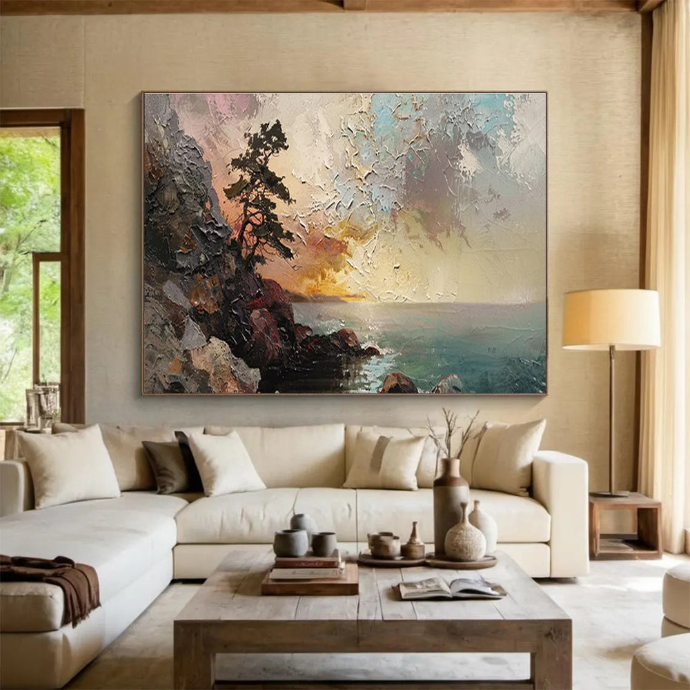 “Coastal Sunset Cliff” - Impasto Seascape Painting On Canvas DKS463