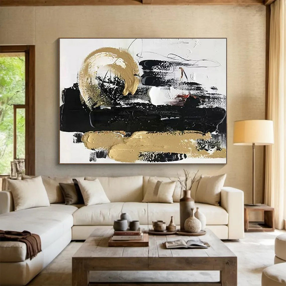 “Dynamic Black - Gold Abstract Brushstrokes” - Expressive Abstract Painting On Canvas PS0278