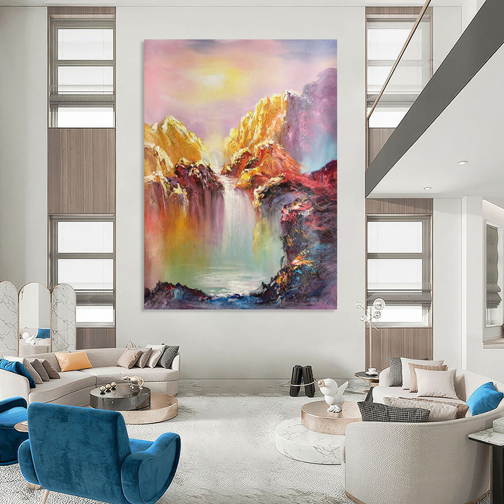 “Colorful Mountain Waterfall” - Expressionist Landscape Painting On Canvas PT1279