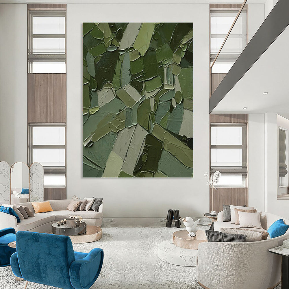 “Green Patchwork Abstract” - Cubist Abstract Painting On Canvas PT1211