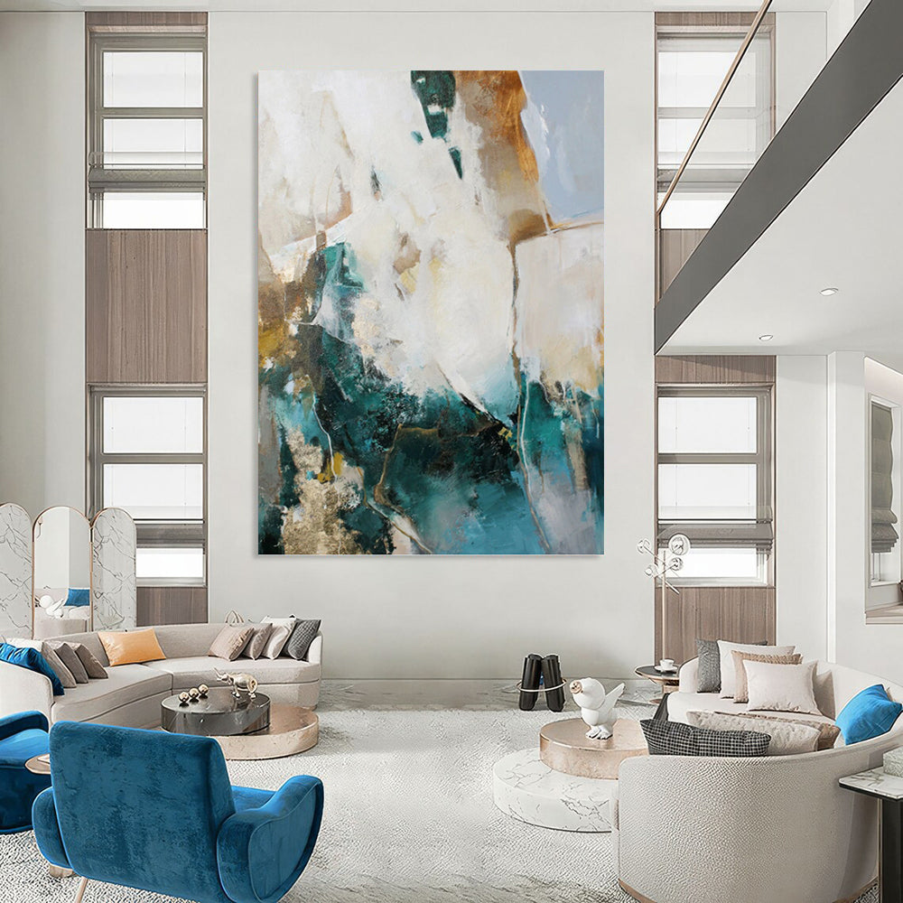 “Teal, Gold and White Abstract” - Bold Color Fusion Painting on Canvas PT1013