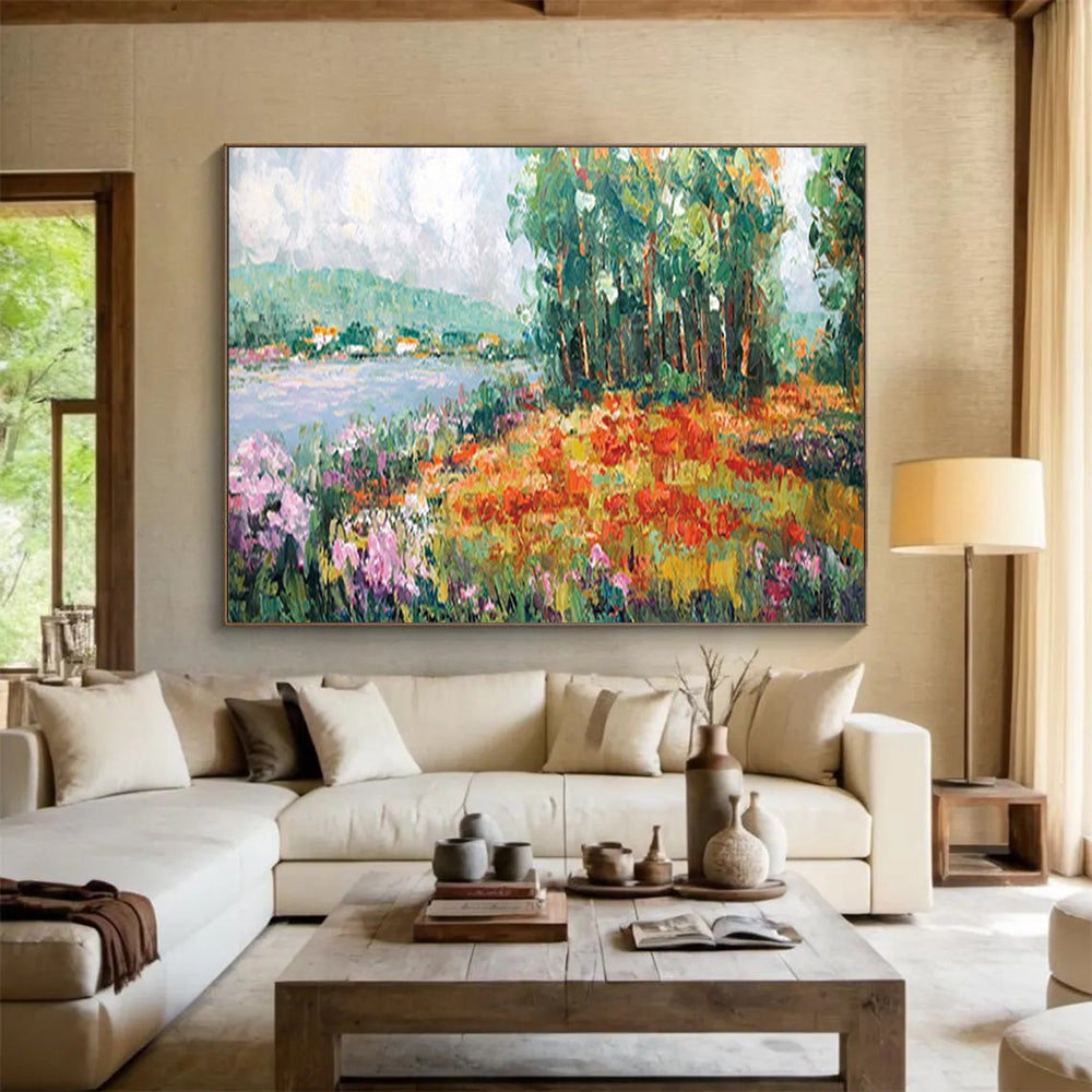 “Vibrant Lakeside Garden” - Impressionistic Landscape Painting On Canvas PT228