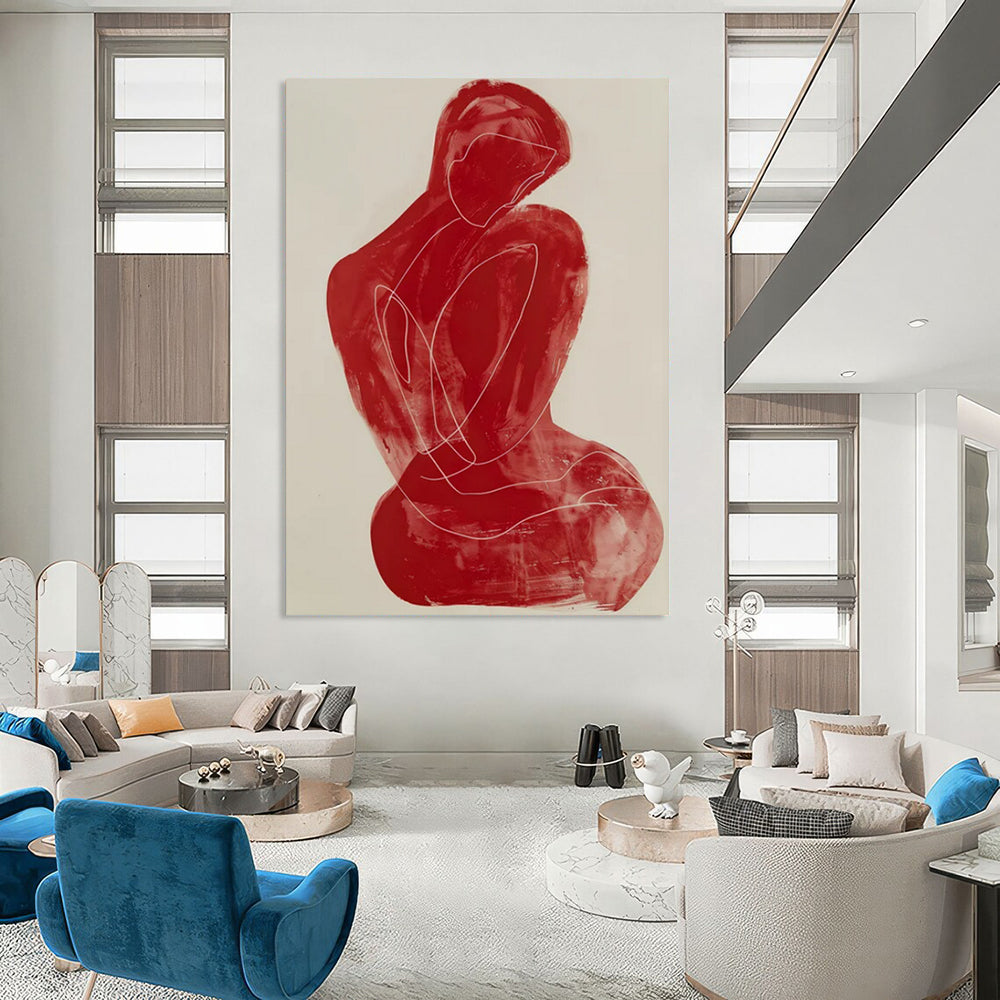 “Red Abstract Figure” - Minimalist Line Painting On Canvas PT2228