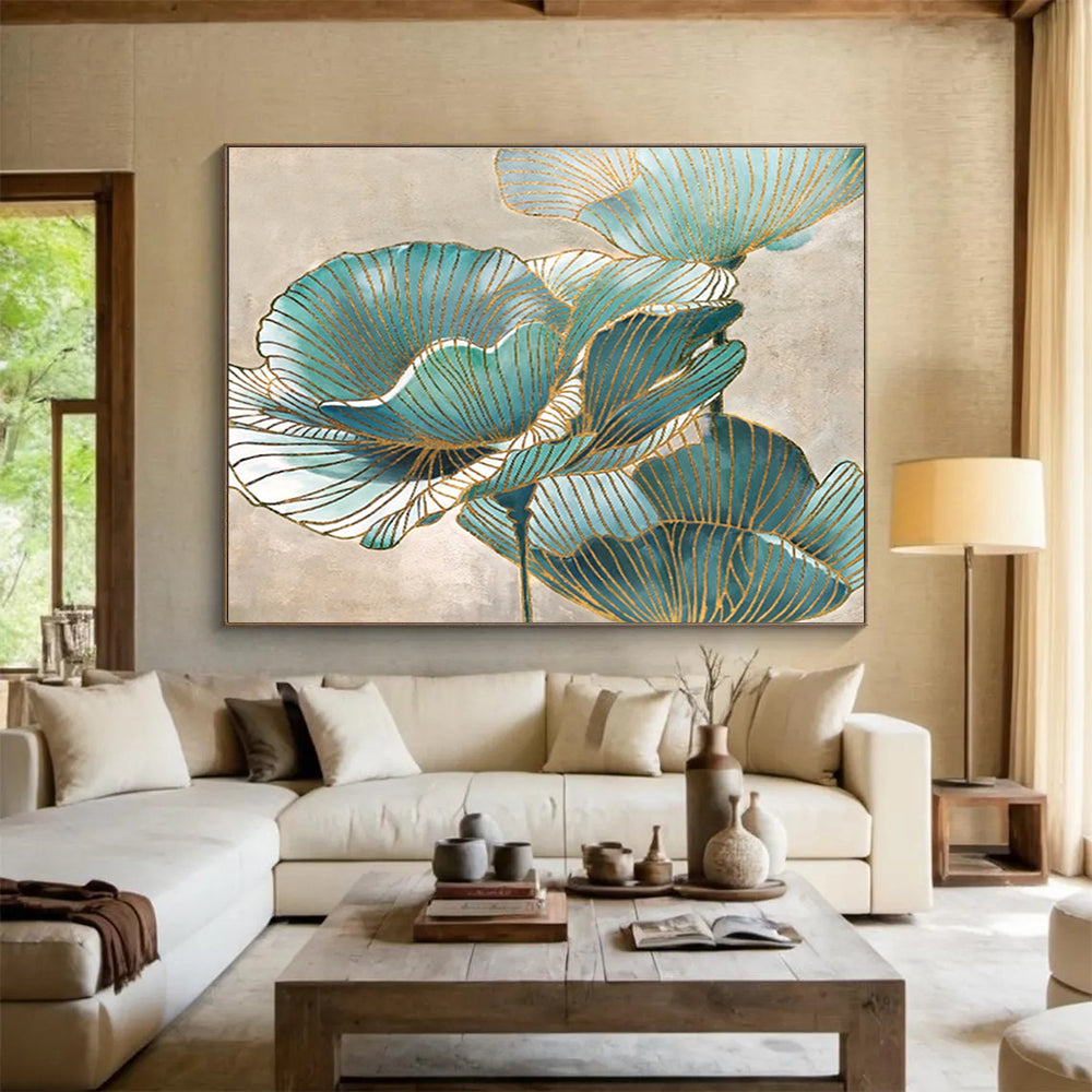 “Teal & Gold Flowers” - Decorative Floral Painting On Canvas DKS428