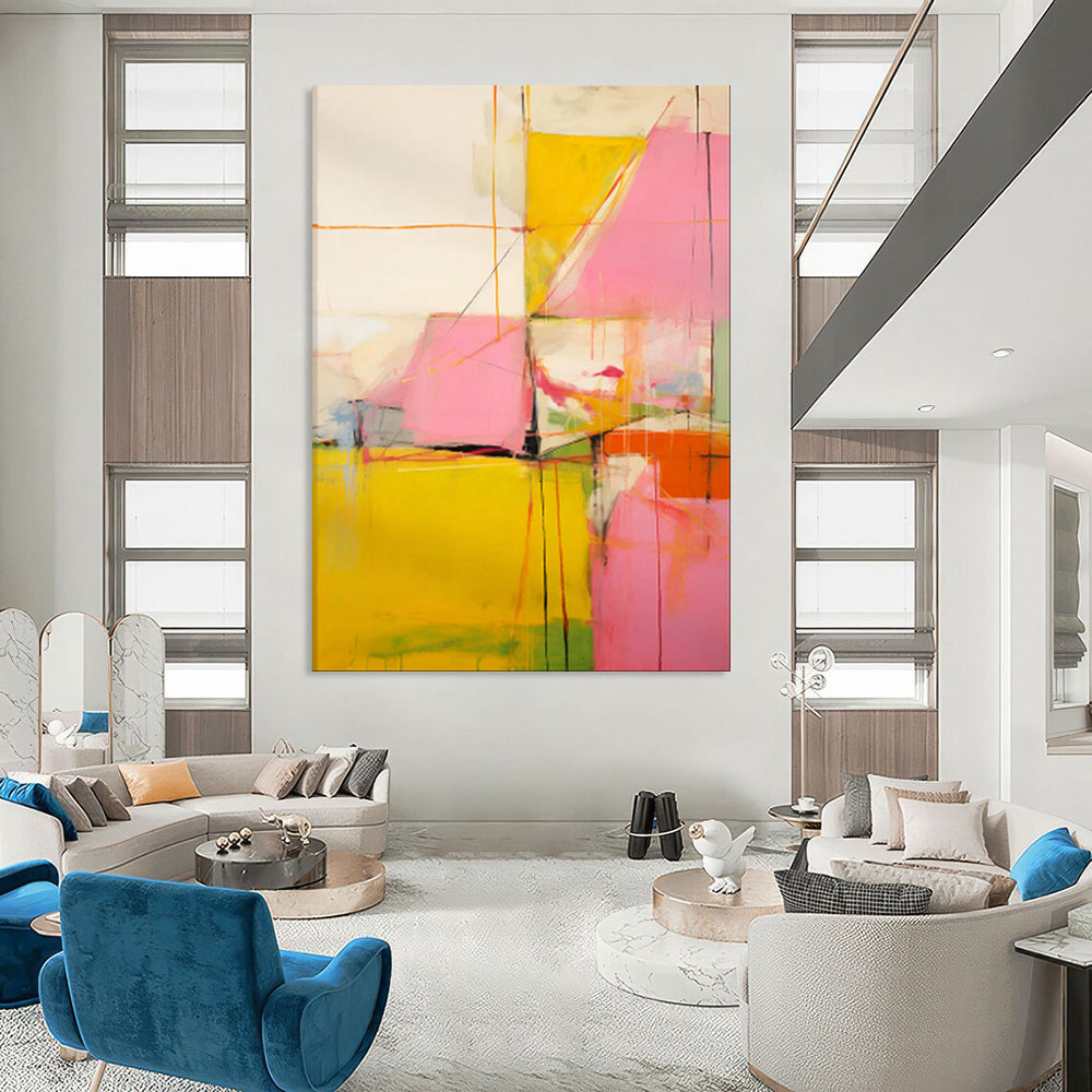 “Yellow, Pink, and Orange Abstract Shapes” - Abstract Expressionist Painting On Canvas PT1835