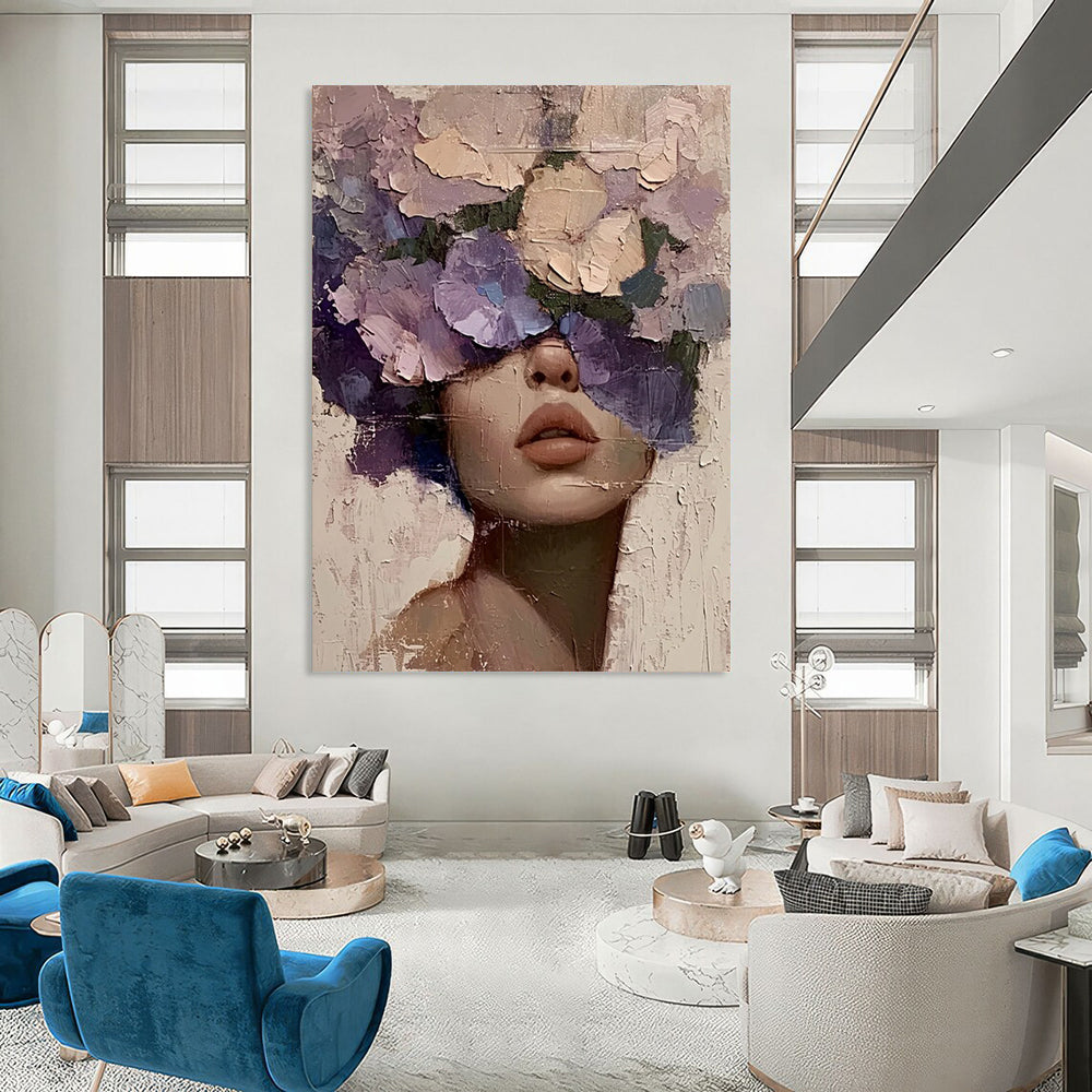 “Purple, Pink, and Beige Floral Face” - Romantic Figurative Painting On Canvas DS329