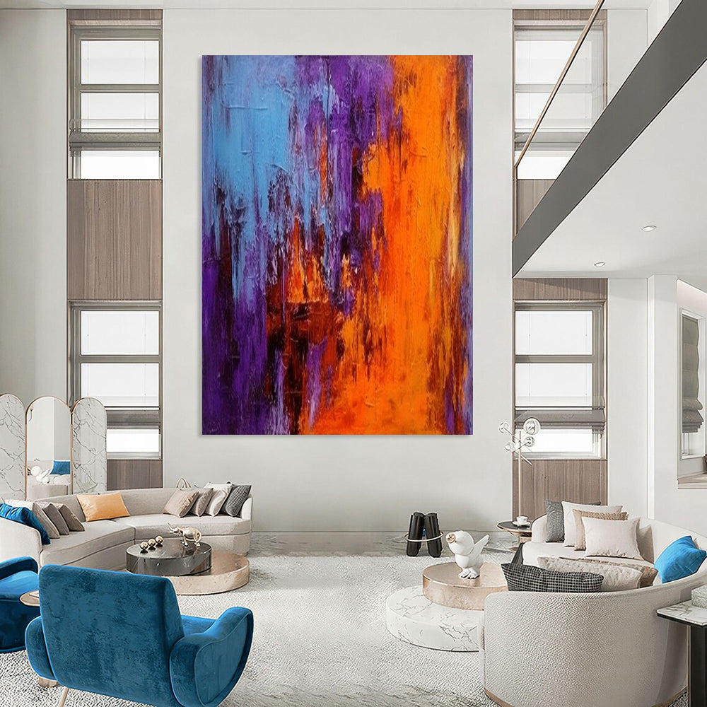 Blue - Purple - Orange Abstract Clash Textured Painting On Canvas DS075