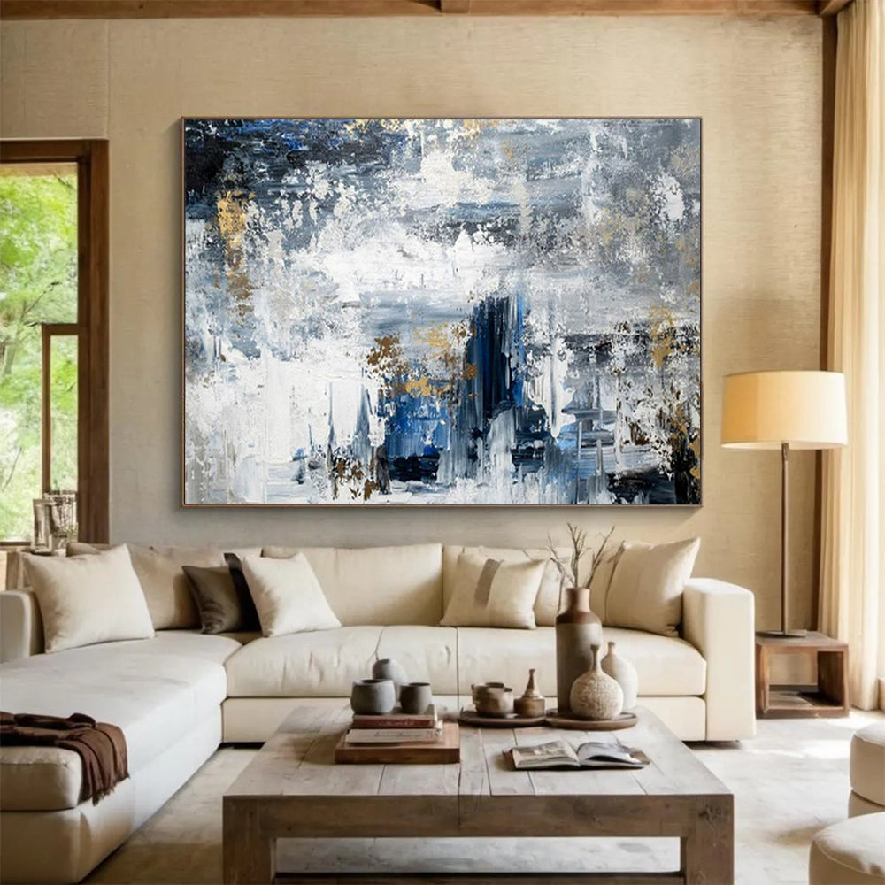 “Blue - Gold Abstract Textures” - Cool Blue “Urban Gold” Painting On Canvas PT1623