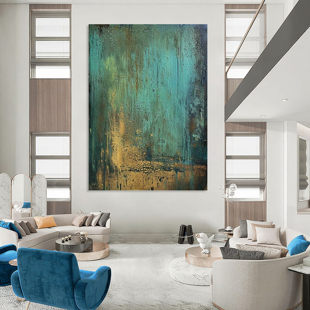 “Teal - Gold Textured Fusion” - Textured Abstract Painting On Canvas PT1194