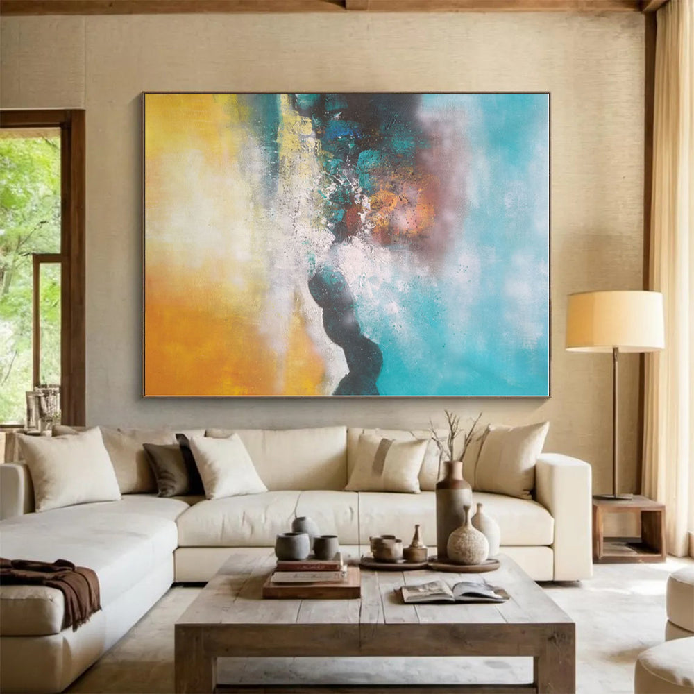 “Turquoise - Yellow Abstract Landscape” - Turquoise, Yellow, Brown Abstract Painting On Canvas PS0474