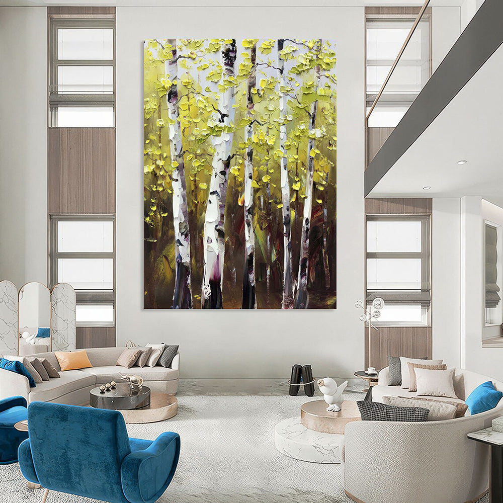 “Yellow - Green Birch Forest” - Impasto Landscape Painting On Canvas PT1282