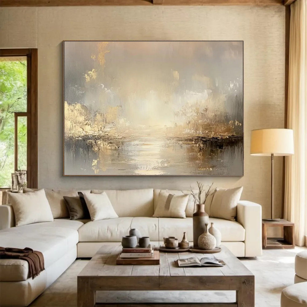 Golden River Mist - Ethereal Landscape Painting On Canvas DKS323