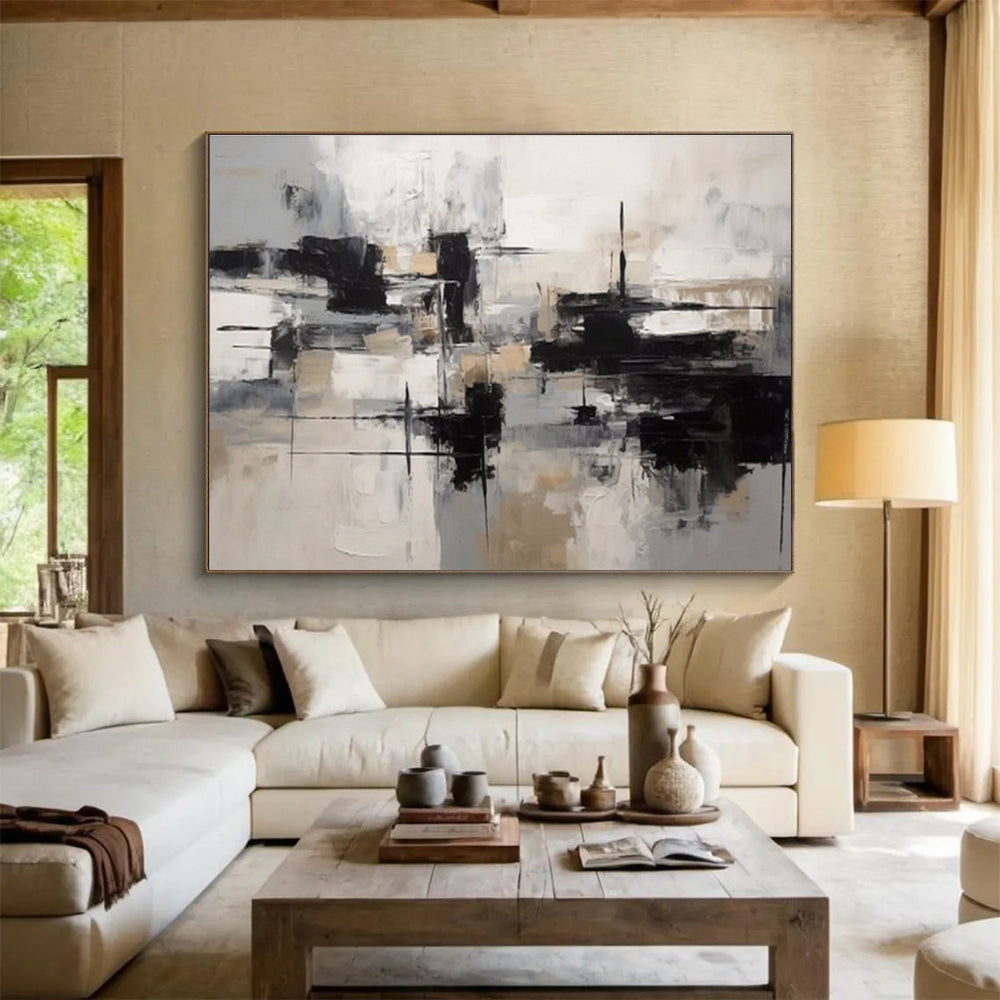 Monochrome Abstract Blocks - Modern Abstract Painting On Canvas DKS335