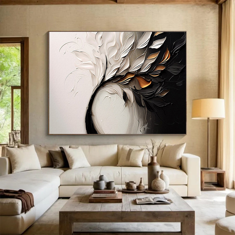 “Elegant Floral Swirl” - White, Black & Gold Floral, Textured Oil Painting On Canvas DKS748