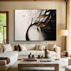 “Elegant Floral Swirl” - White, Black & Gold Floral, Textured Oil Painting On Canvas DKS748